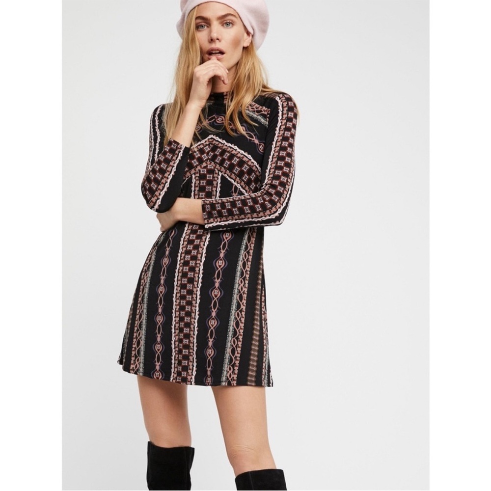 Free People Stella Knit Mock Neck Printed Long sleeve Mini Dress Size L NWT